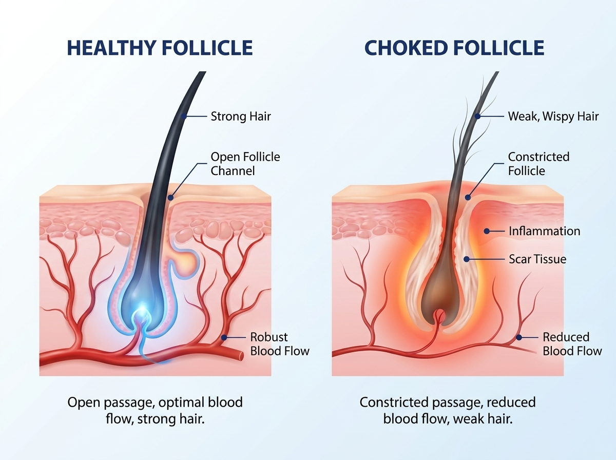 Follicle mechanism diagram: healthy follicle vs. follicle choked by inflammation and scar tissue