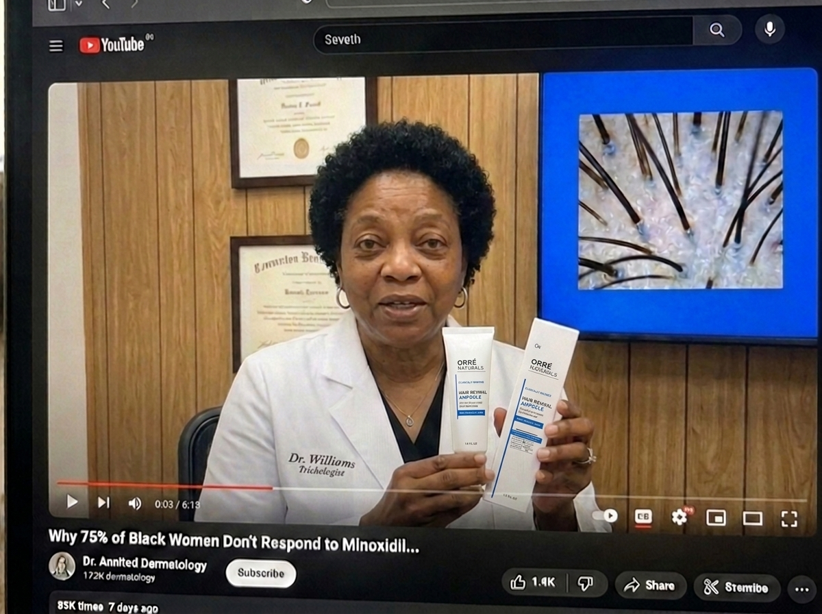 YouTube video of a Black dermatologist explaining why 75% of Black women don't respond to Minoxidil.