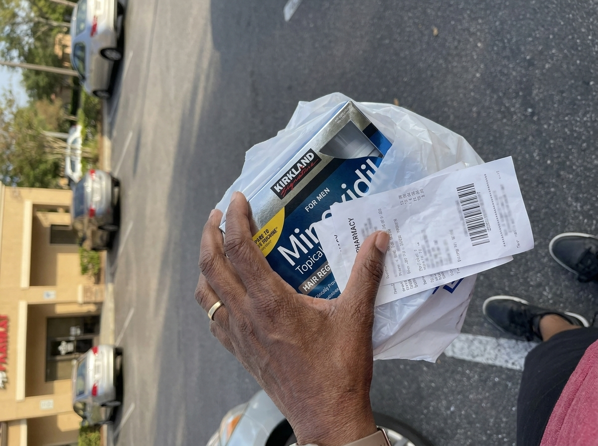 Hand holding Kirkland Minoxidil box and pharmacy receipt